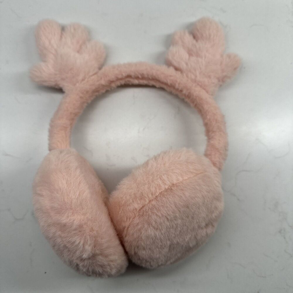 Pink Fur Reindeer Antler Ear Muffs Warmers